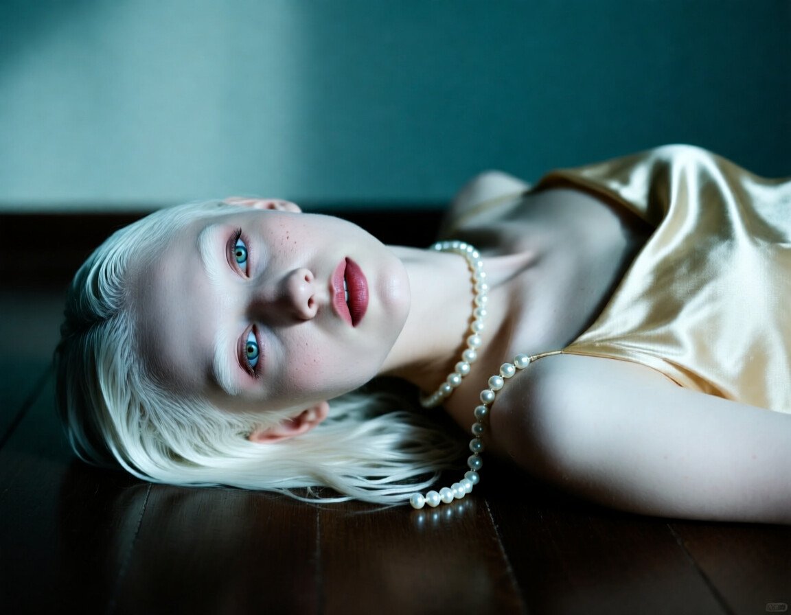AltText: Albino Model in Bias-Cut Satin Slip Dress Under Dramatic Lighting