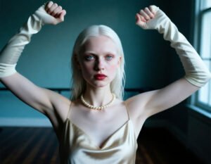 AltText: Albino model in satin slip dress under dramatic teal lighting